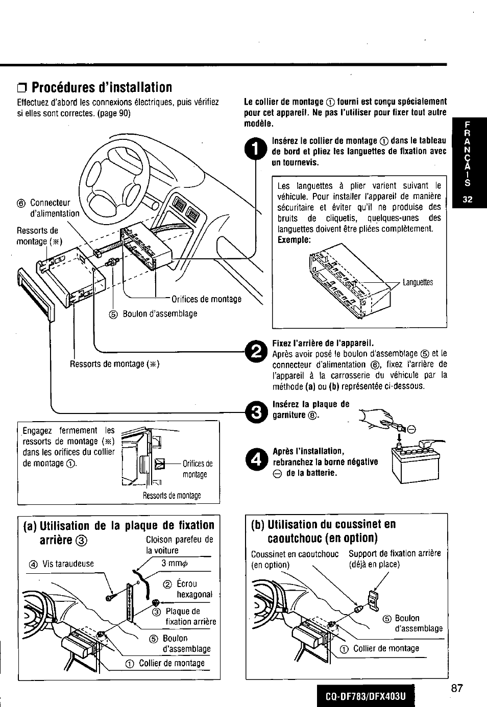 Procédures d’installation, A) utilisation de la plaque de fixation arrière | Panasonic CQ-DF783U User Manual | Page 87 / 136