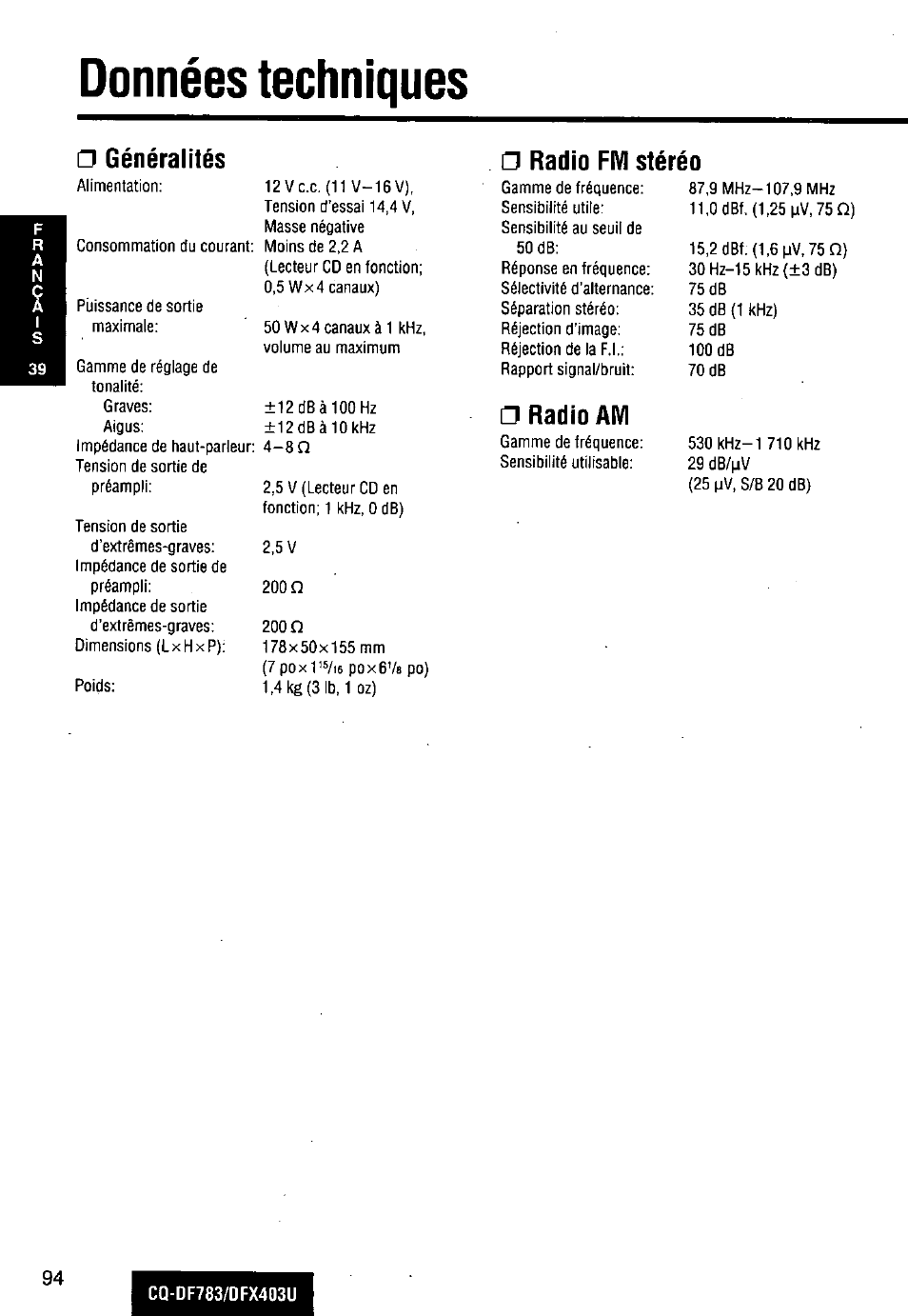 Données techniques, 200 n, Généralités | Radio fm stéréo, Radio am | Panasonic CQ-DF783U User Manual | Page 94 / 136