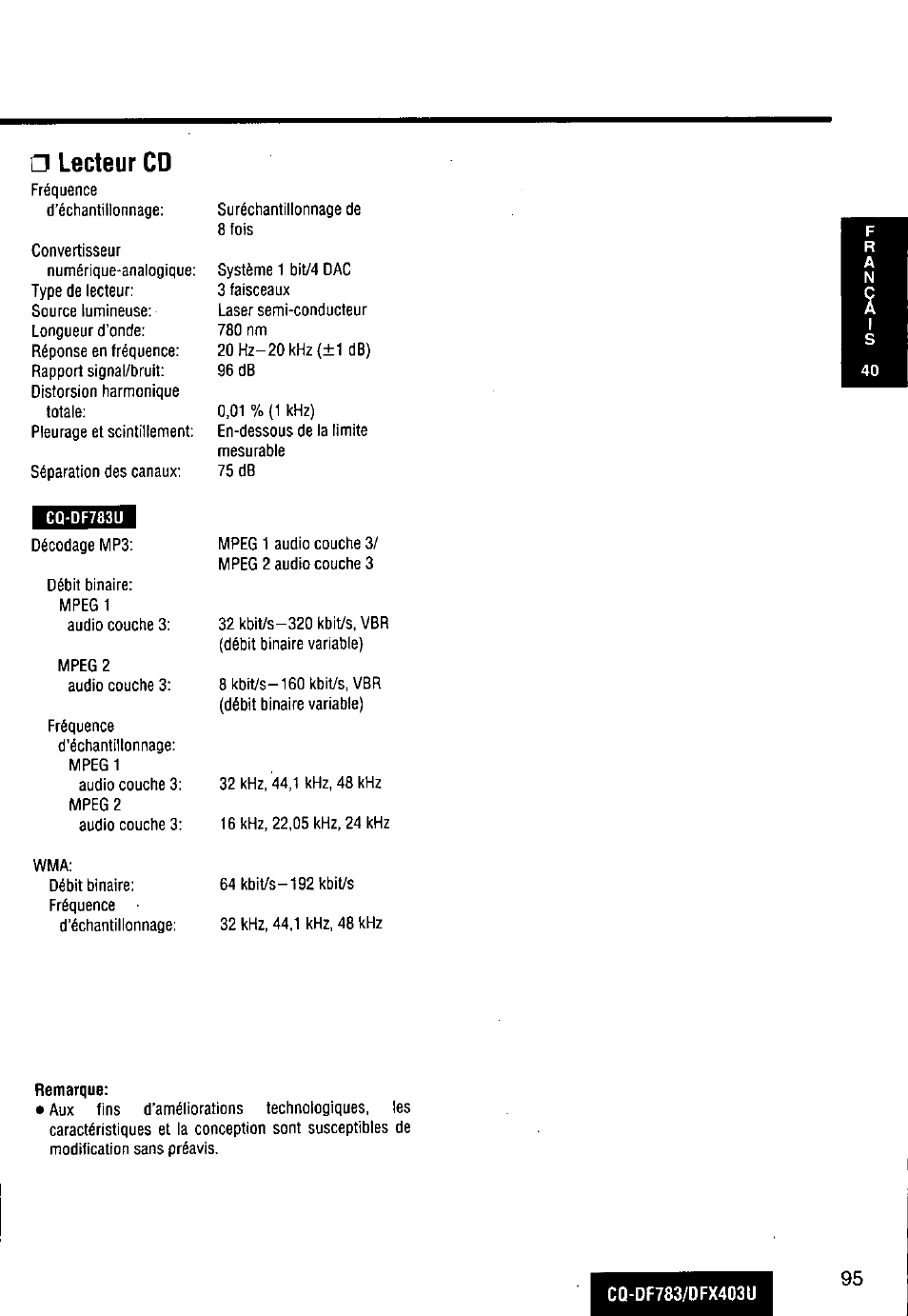 Lecteur cd | Panasonic CQ-DF783U User Manual | Page 95 / 136