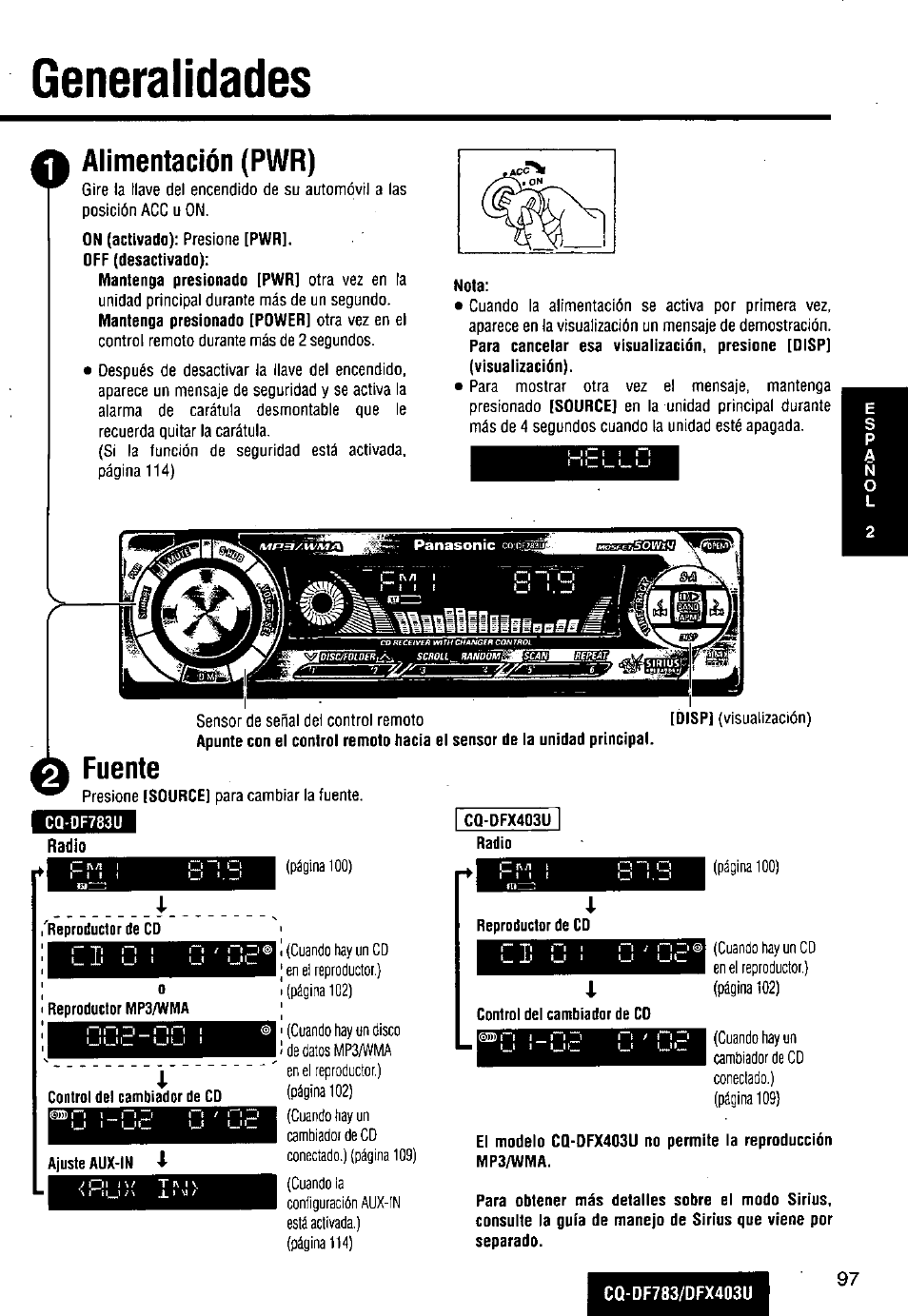 Generalidades, Alimentación (pwr), Fuente | O generalidades | Panasonic CQ-DF783U User Manual | Page 97 / 136