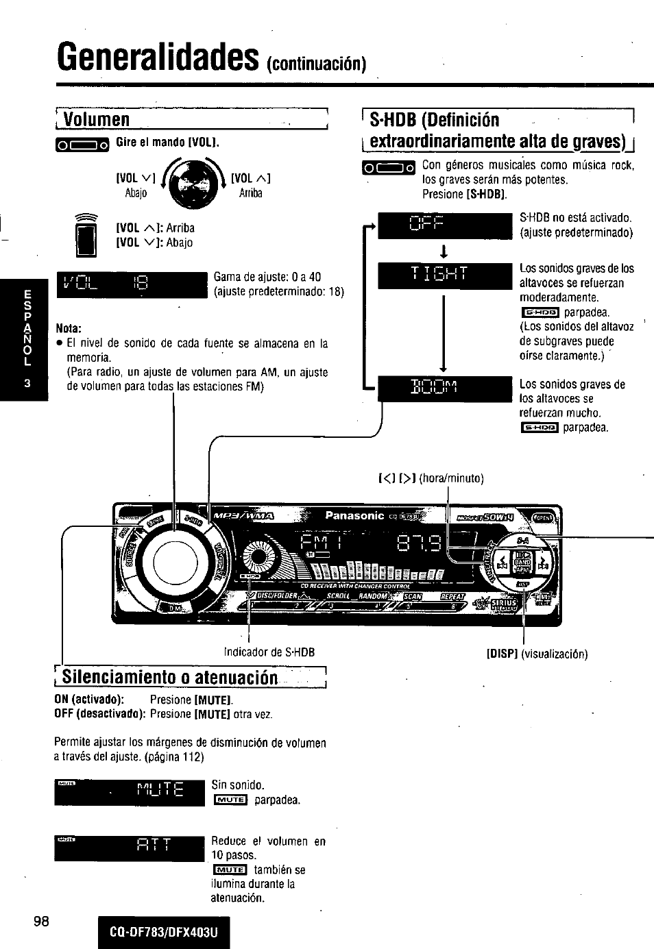 Generalidades, Volumen, Rsilenciamiento o atenuación | Panasonic CQ-DF783U User Manual | Page 98 / 136