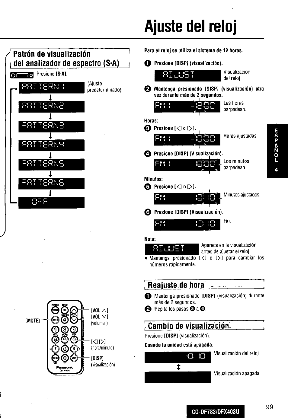 Ajuste del reloj, Reajuste de hora, O. , cambio de visualización | Panasonic CQ-DF783U User Manual | Page 99 / 136