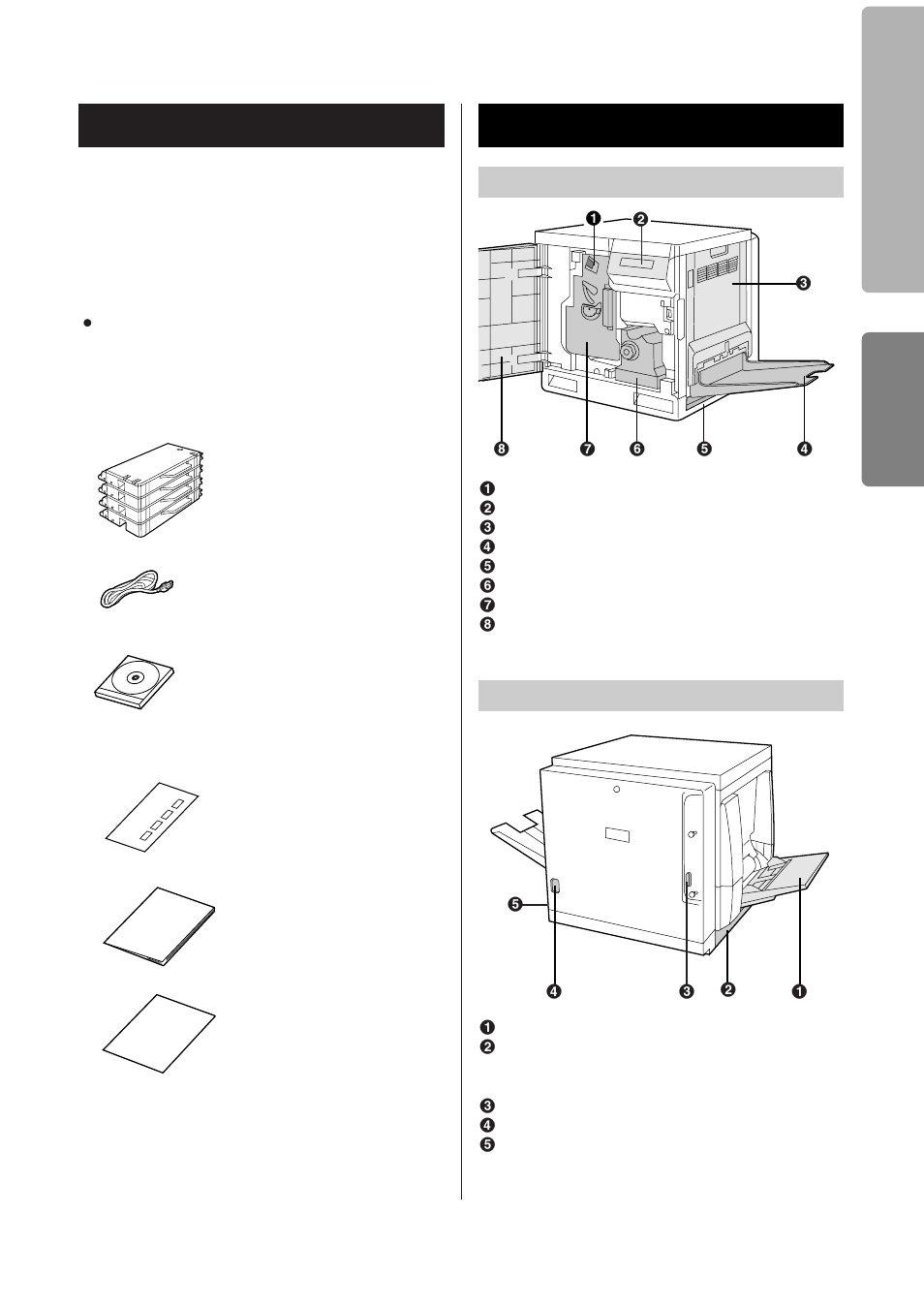 Unpacking, Part names, Front side view | Rear side view, Part names front side view rear side view | Panasonic KX-P8415 User Manual | Page 9 / 32