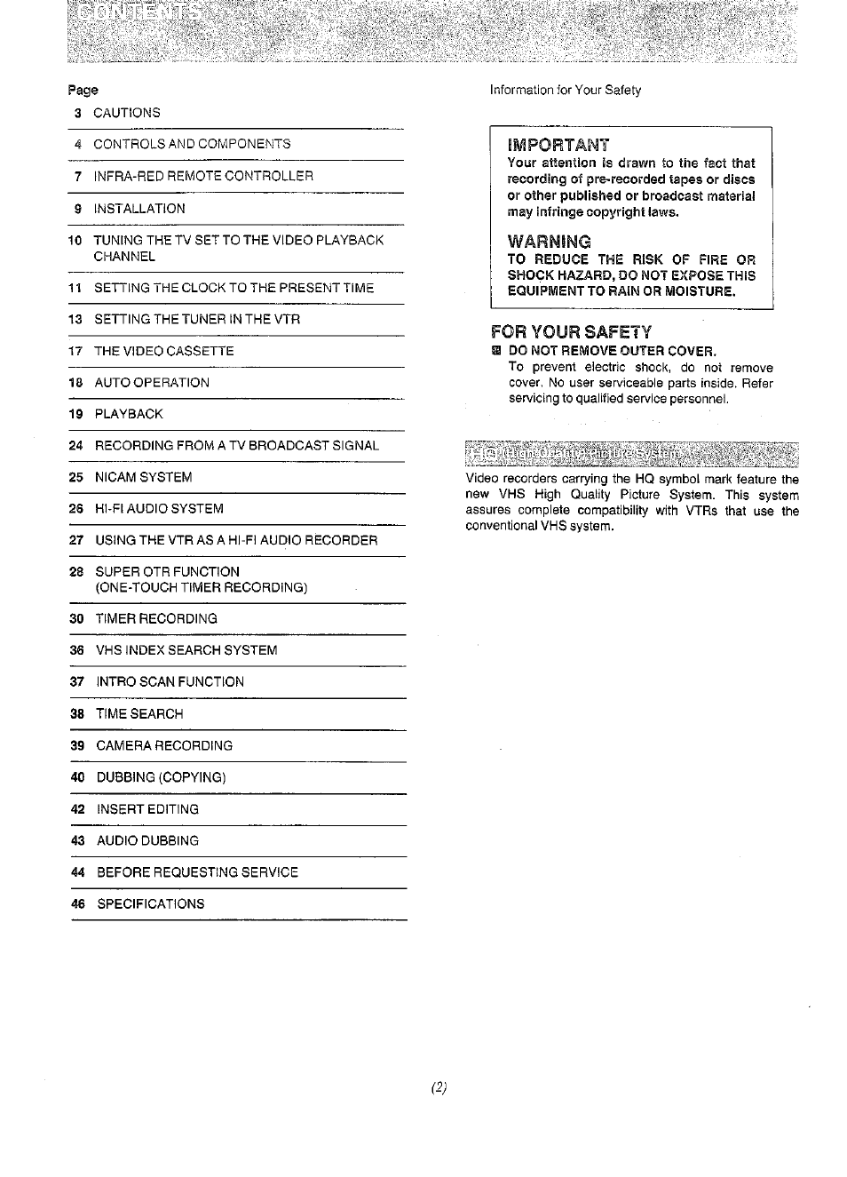 F-; i?i; cl ' ;::' r, Important, Warnimg | For your safety | Panasonic NV-F65EA User Manual | Page 2 / 48