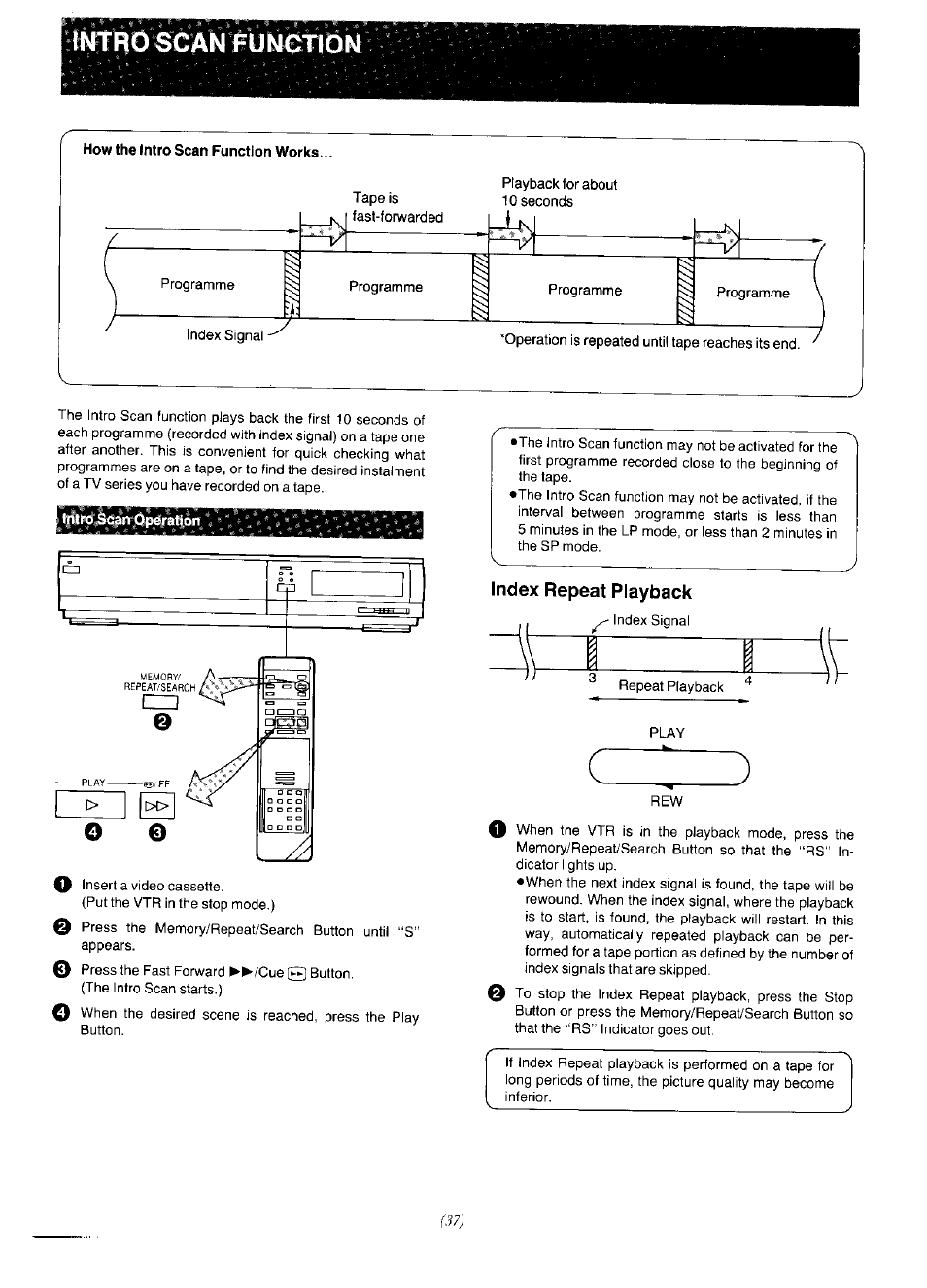 How the intro scan function works, Index repeat playback | Panasonic NV-F65EA User Manual | Page 37 / 48