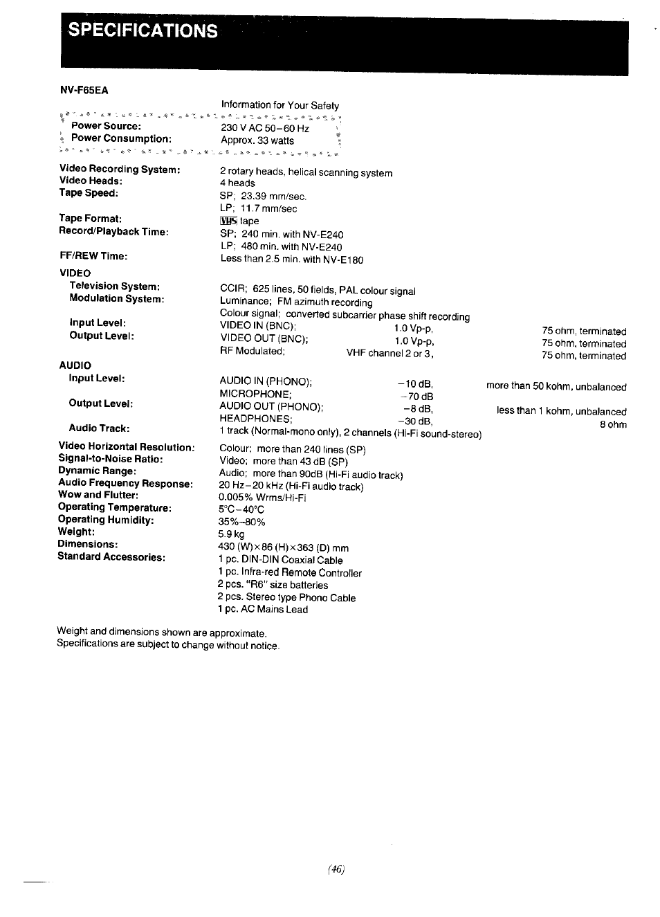 Speci fications | Panasonic NV-F65EA User Manual | Page 46 / 48
