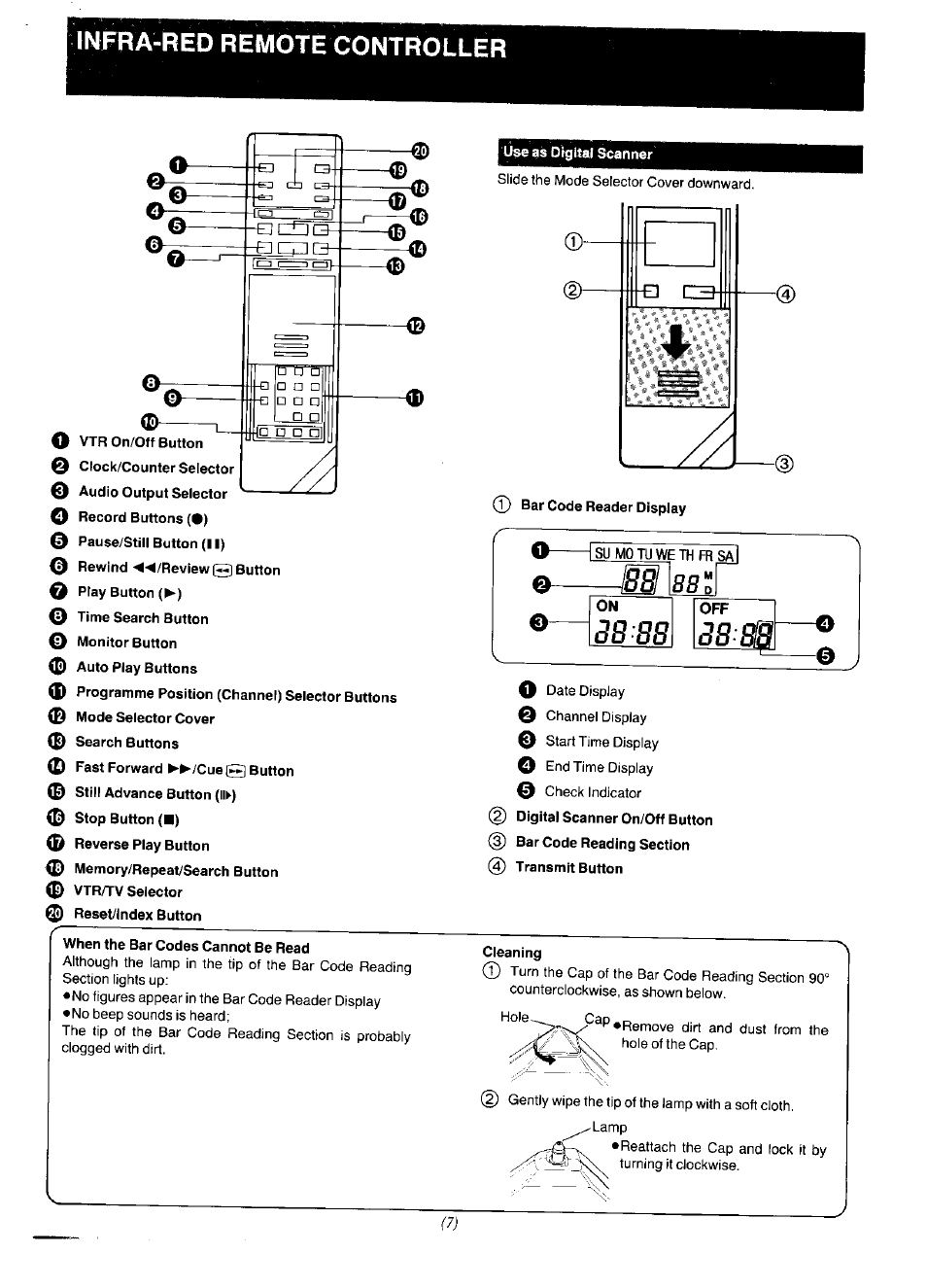 0 rewind ◄◄/review® button q play button (^), 0 stop button (■), U$e as digital scanner | T) bar code reader display, When the bar codes cannot be read, Cleaning, Ш ml, Infra-red remote controller | Panasonic NV-F65EA User Manual | Page 7 / 48