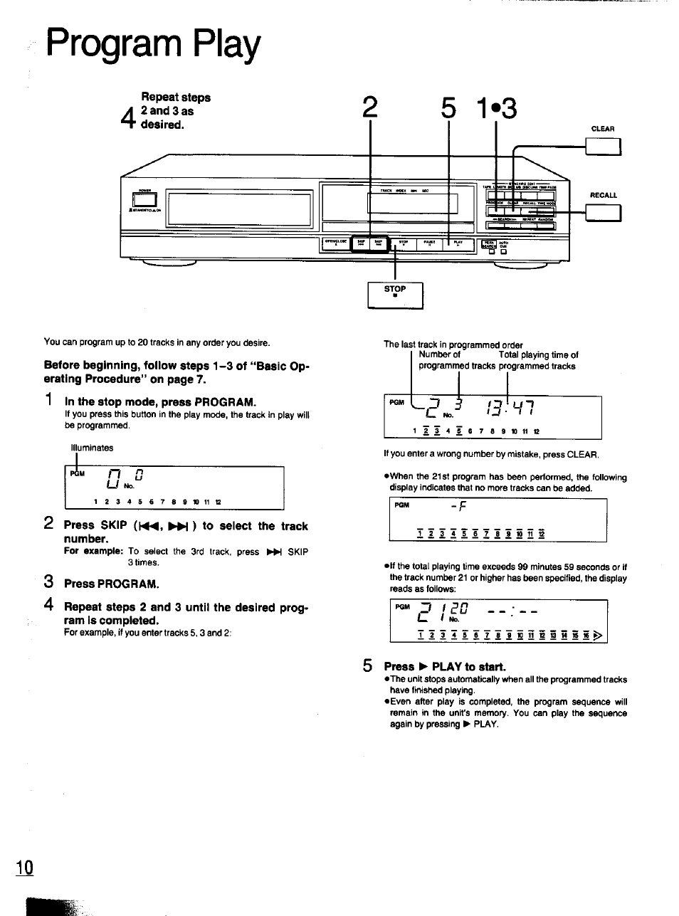 1 in the stop mode, press program, 2 press skip ) to select the track, 3 press program | Press p* play to start, Program play | Panasonic S-PG340 User Manual | Page 10 / 24