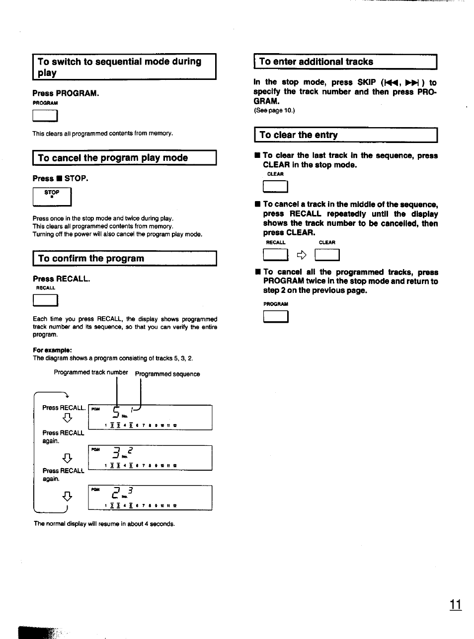 To switch to sequential mode during play, To confirm the program, To enter additional tracks | Panasonic S-PG340 User Manual | Page 11 / 24