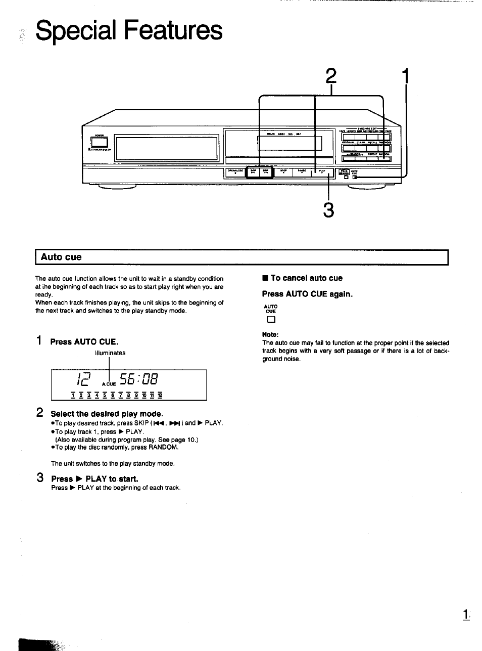 Auto cue, Select the desired play mode, Press play to start | Special features | Panasonic S-PG340 User Manual | Page 13 / 24