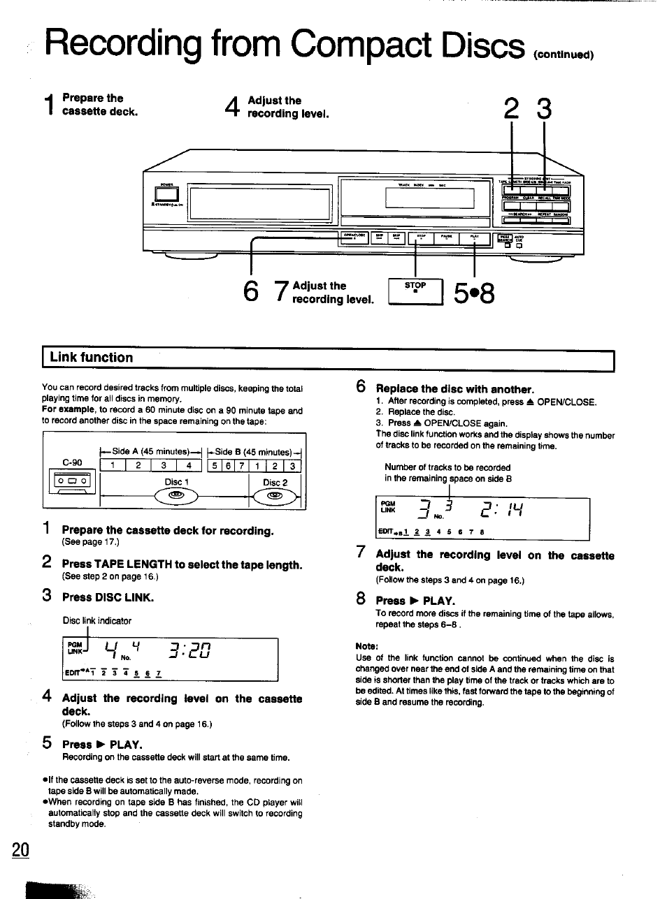 Continued), Prepare the cassette deck, Adjust the | 1 prepare the cassette deck for recording, Press tape length to select the tape length, Press disc link, 4 adjust the recording level on the cassette deck, 5 press ► play, Replace the disc with another, 7 adjust the recording level on the cassette deck | Panasonic S-PG340 User Manual | Page 20 / 24