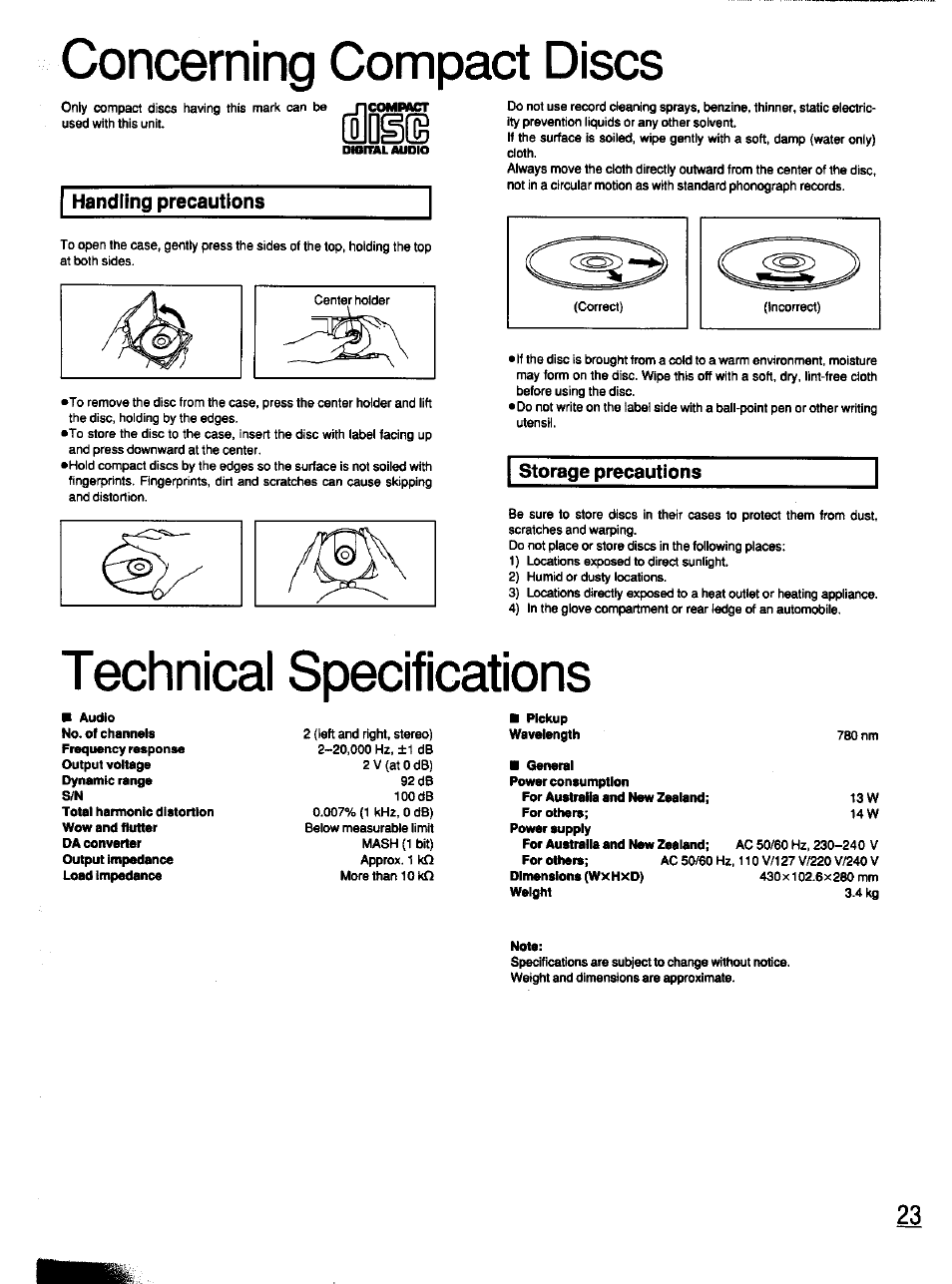Concerning compact discs, Technical specifications, Fplnsib | Panasonic S-PG340 User Manual | Page 23 / 24