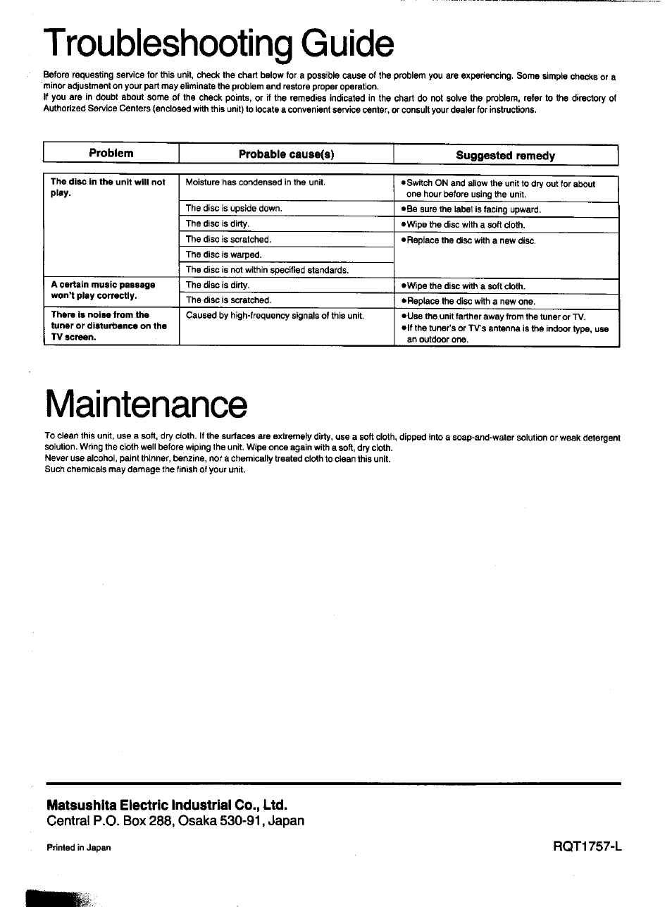 Centra! p.o. box 288, osaka 530-91, japan, Rqt1757-l, Troubleshooting guide | Maintenance | Panasonic S-PG340 User Manual | Page 24 / 24