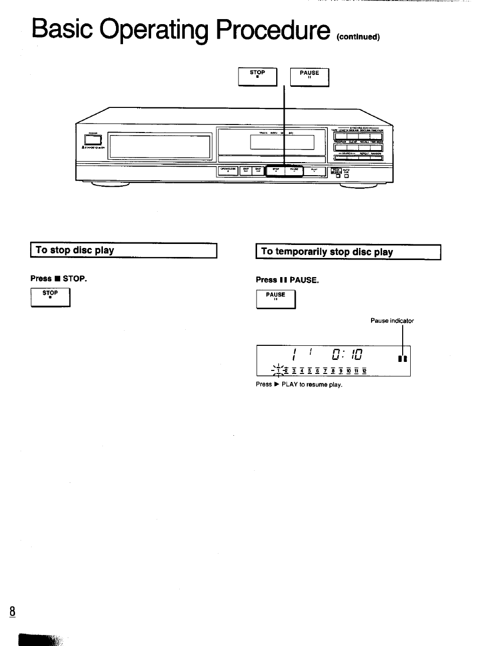 To stop disc play, To temporarily stop disc play, Basic operating procedure | Stop disc play | Panasonic S-PG340 User Manual | Page 8 / 24