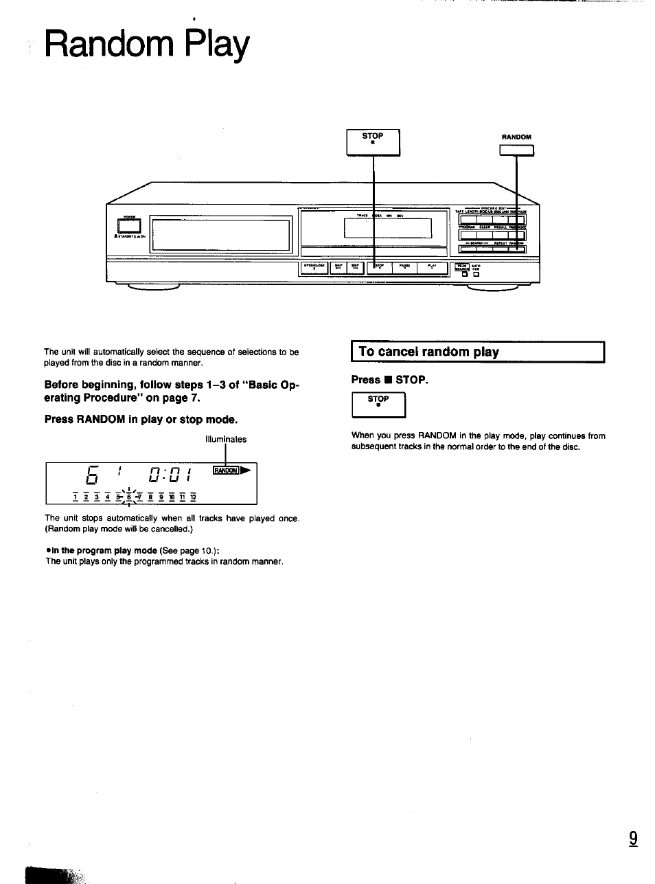 Press random in play or stop mode, To cancel random play, Press ■ stop | Random play | Panasonic S-PG340 User Manual | Page 9 / 24
