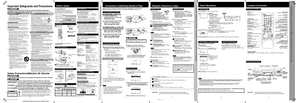 Location of controls, Important safeguards and precautions, Safety precautions/mesures de sécurité | Timer recording, Playback / record on a tape, Connections / initial setup (ready to play), Before using, Avertissement, Attention, Fcc warning | Panasonic PV-V464S User Manual | Page 7 / 24