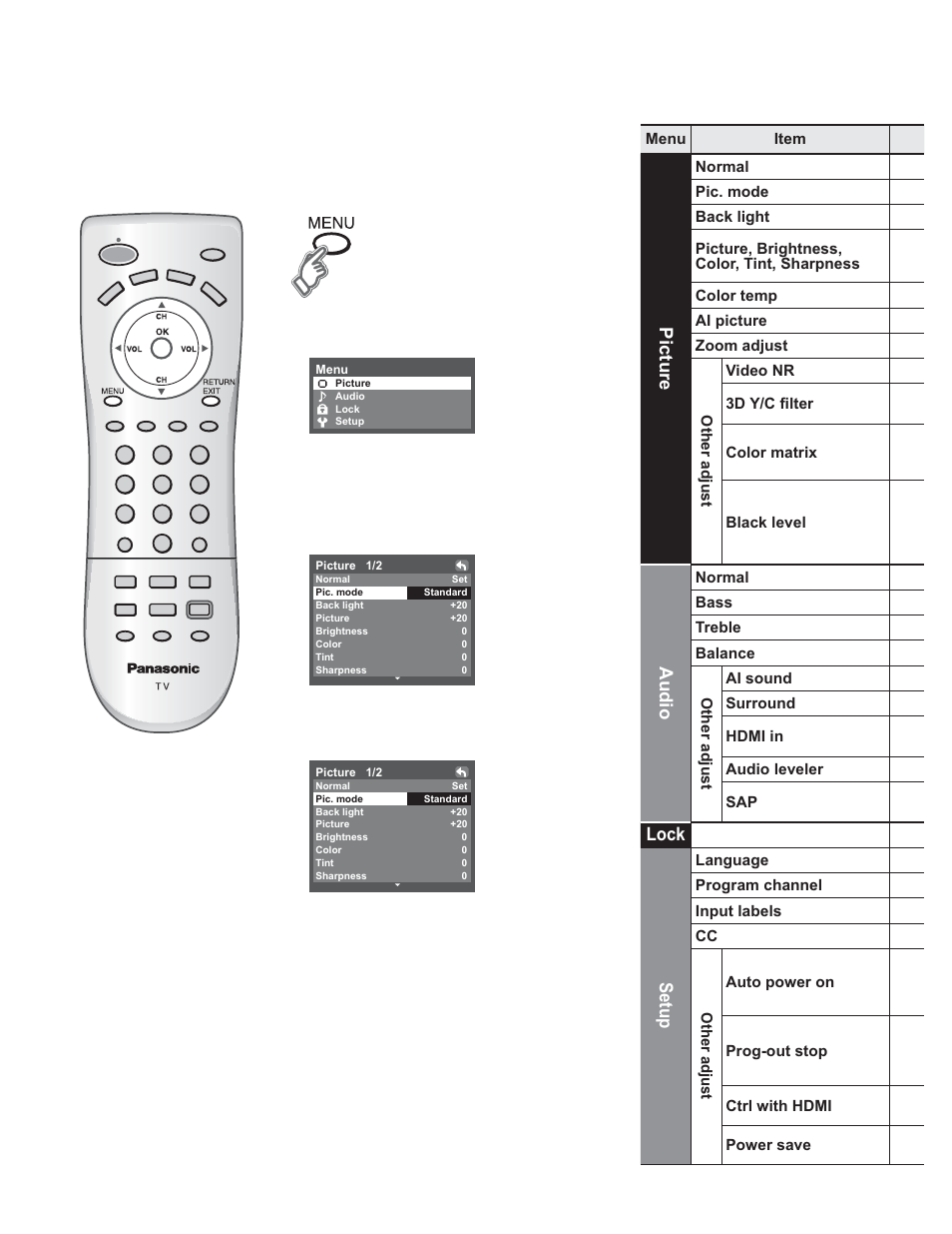 Advanced, Picture, Audio | Lock setup | Panasonic TC-32LX60C User Manual | Page 12 / 101