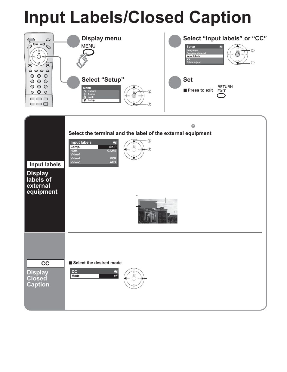 Input labels/closed caption | Panasonic TC-32LX60C User Manual | Page 14 / 101