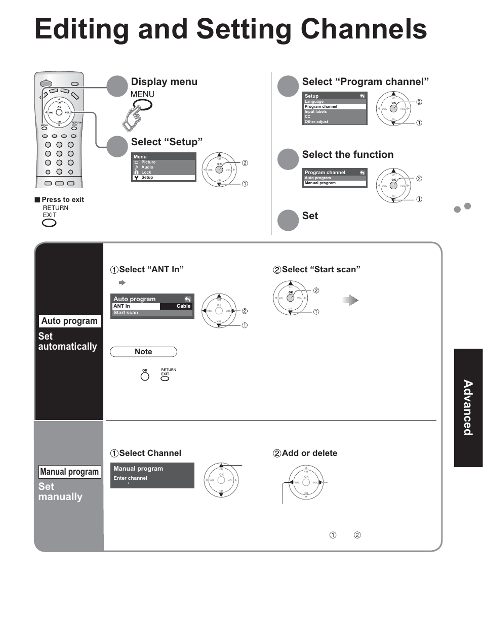 Editing and setting channels, Advanced | Panasonic TC-32LX60C User Manual | Page 15 / 101