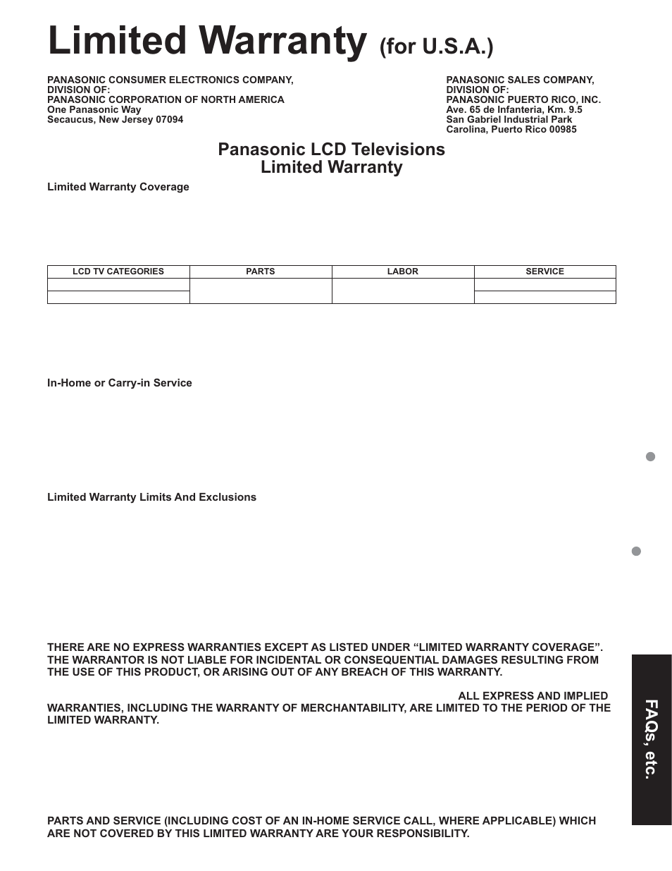 Limited warranty (for u.s.a.), Limited warranty, For u.s.a.) | Panasonic lcd televisions limited warranty, Faqs, etc | Panasonic TC-32LX60C User Manual | Page 31 / 101