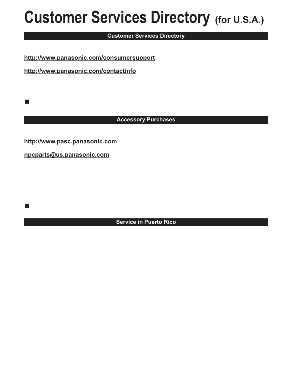 Customer services directory (for u.s.a.), Customer services directory, For u.s.a.) | Panasonic TC-32LX60C User Manual | Page 32 / 101