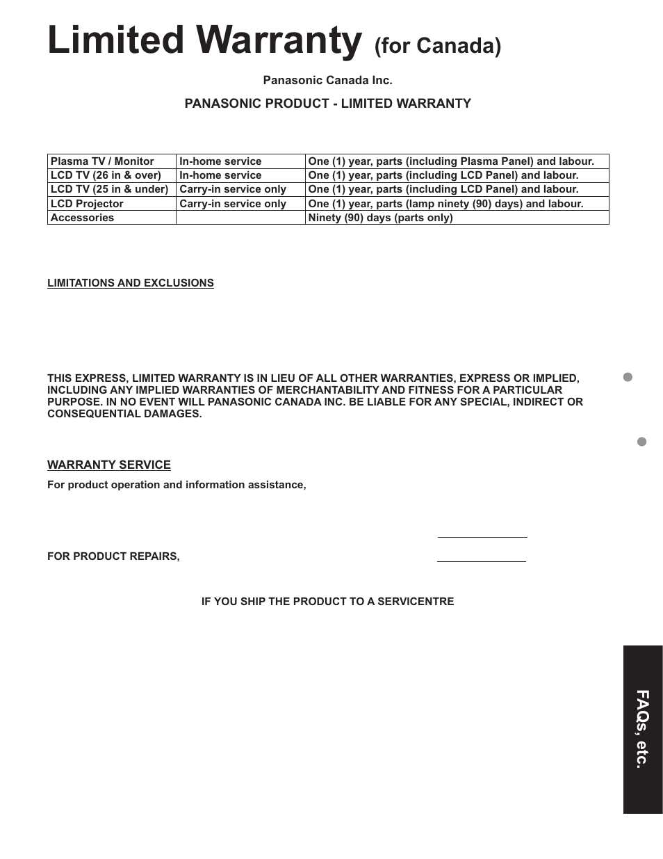 Limited warranty (for canada), Limited warranty, For canada) | Faqs, etc | Panasonic TC-32LX60C User Manual | Page 33 / 101