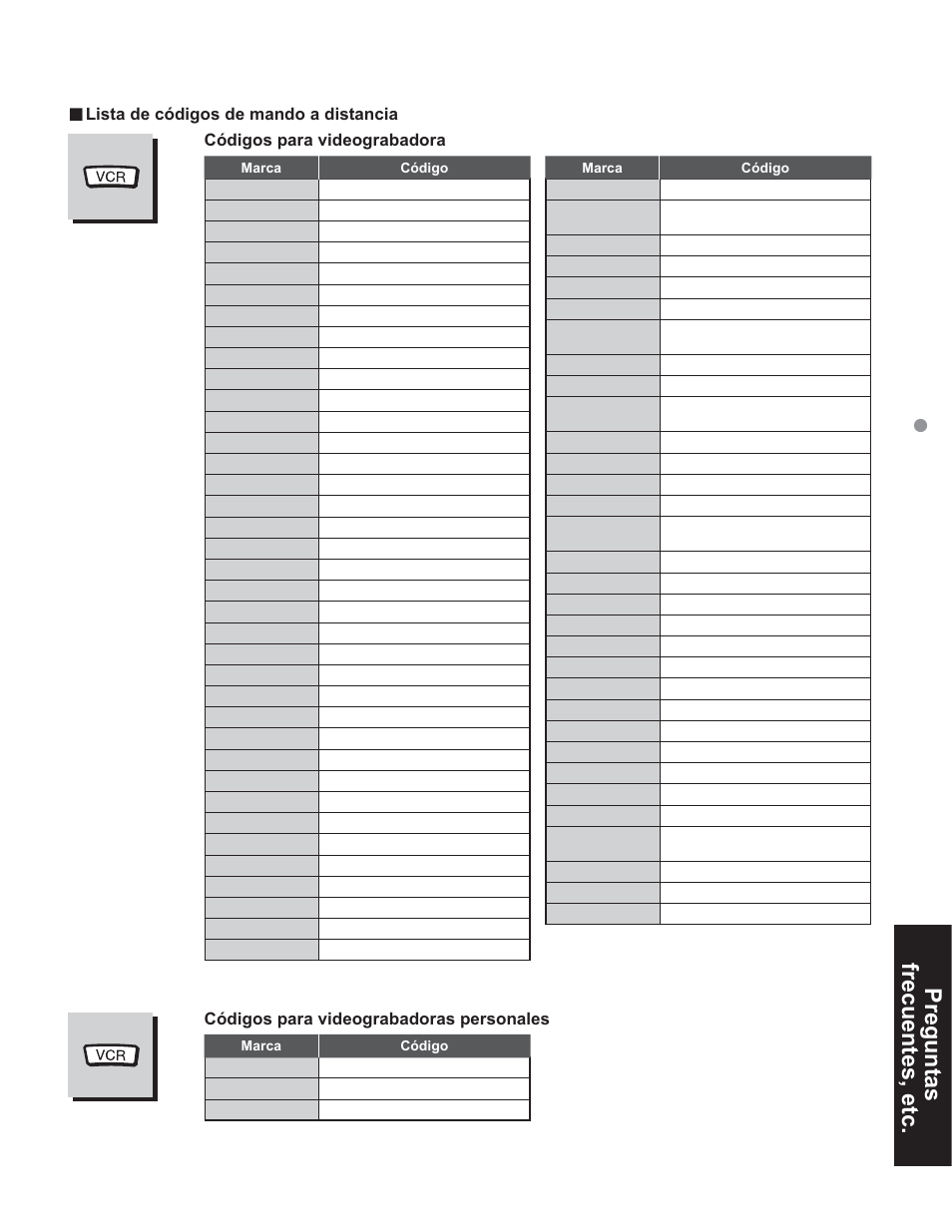 Preguntas frecuentes, etc, Códigos para videograbadora, Códigos para videograbadoras personales | Lista de códigos de mando a distancia | Panasonic TC-32LX60C User Manual | Page 59 / 101