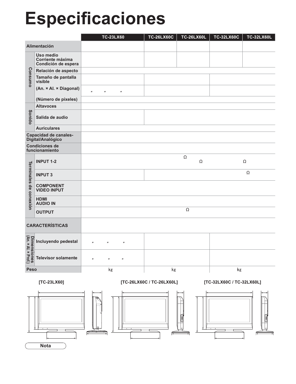 Especificaciones | Panasonic TC-32LX60C User Manual | Page 66 / 101