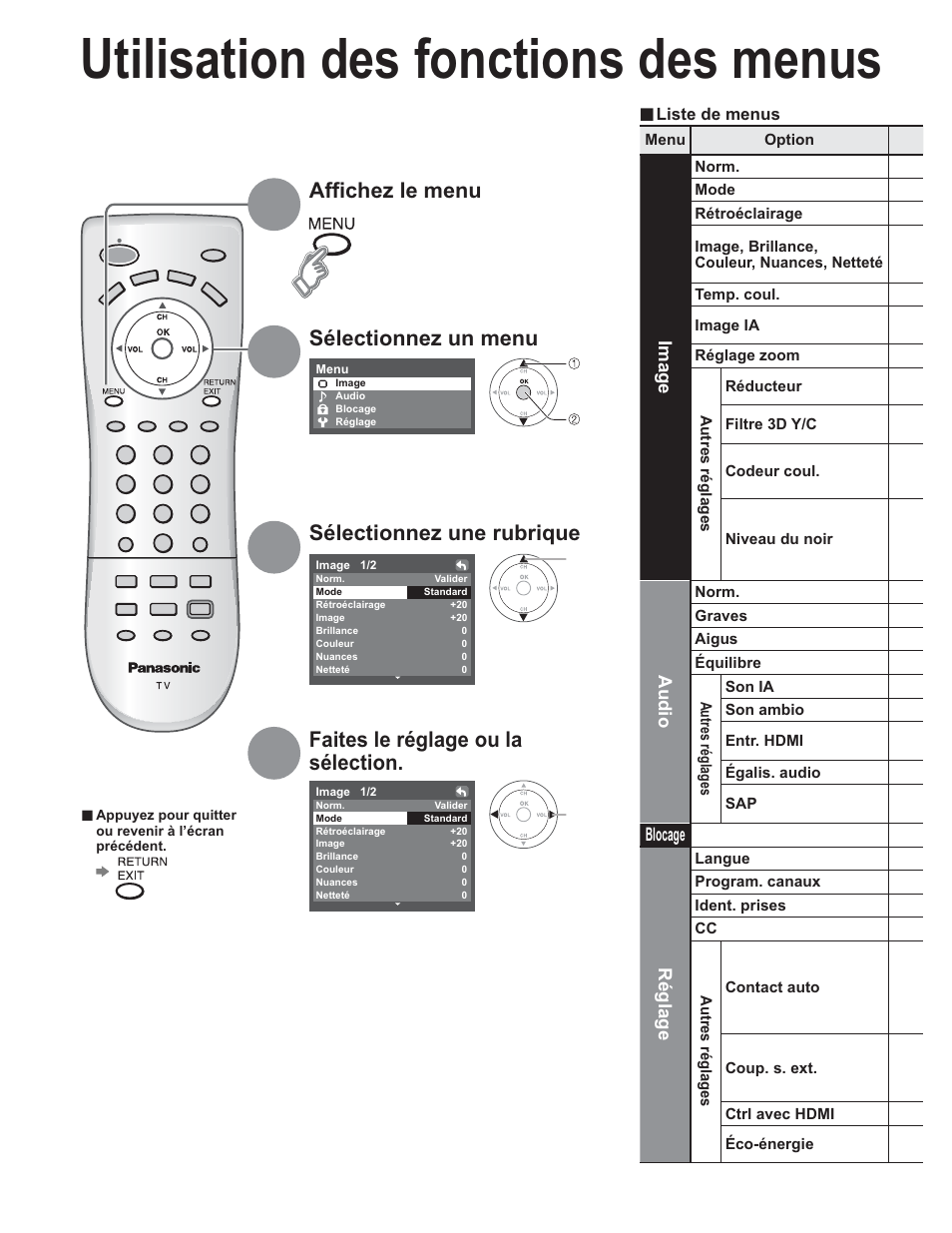 Utilisation des fonctions des menus, Sélectionnez un menu sélectionnez une rubrique, Faites le réglage ou la sélection | Affichez le menu | Panasonic TC-32LX60C User Manual | Page 80 / 101