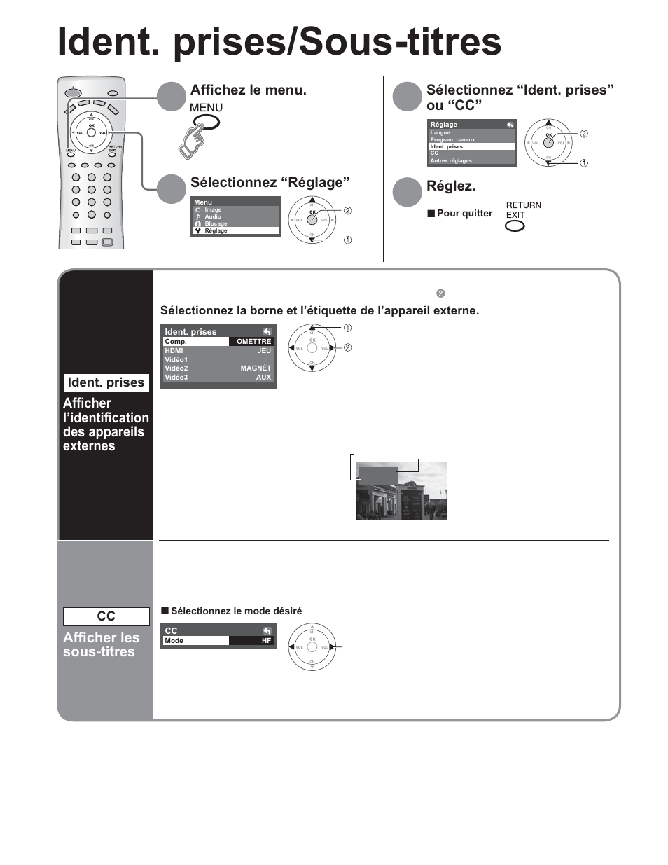 Ident. prises/sous-titres, Réglez, Afficher l’identification des appareils externes | Afficher les sous-titres | Panasonic TC-32LX60C User Manual | Page 82 / 101