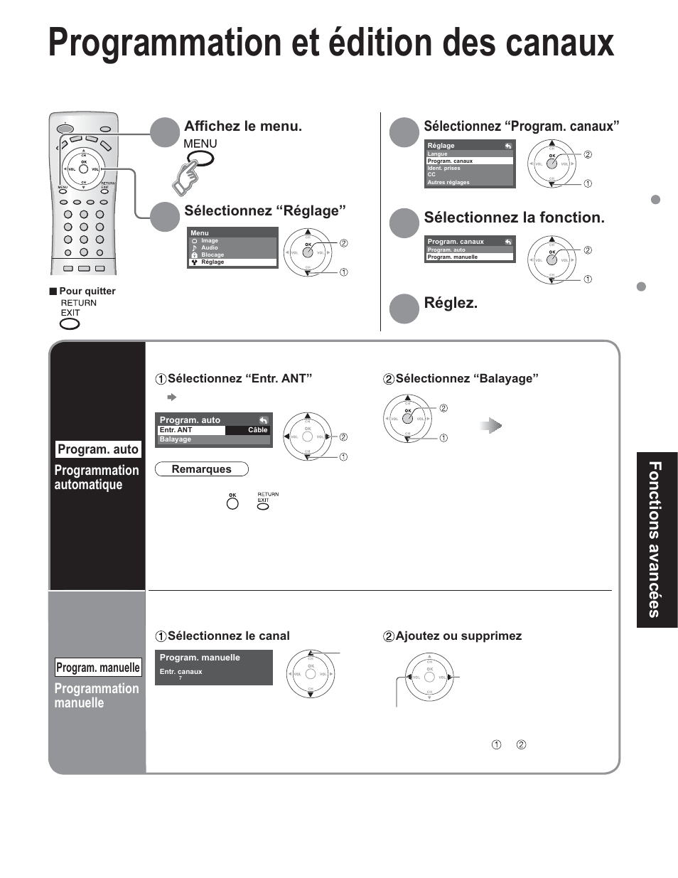 Programmation et édition des canaux, Fonctions avancées | Panasonic TC-32LX60C User Manual | Page 83 / 101