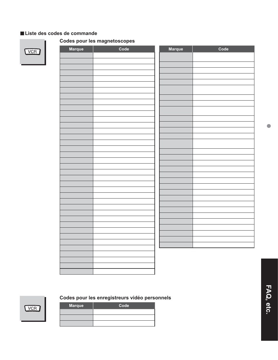 Faq, etc, Télécommande et liste des codes de commande, Codes pour les magnetoscopes | Codes pour les enregistreurs vidéo personnels, Liste des codes de commande | Panasonic TC-32LX60C User Manual | Page 91 / 101