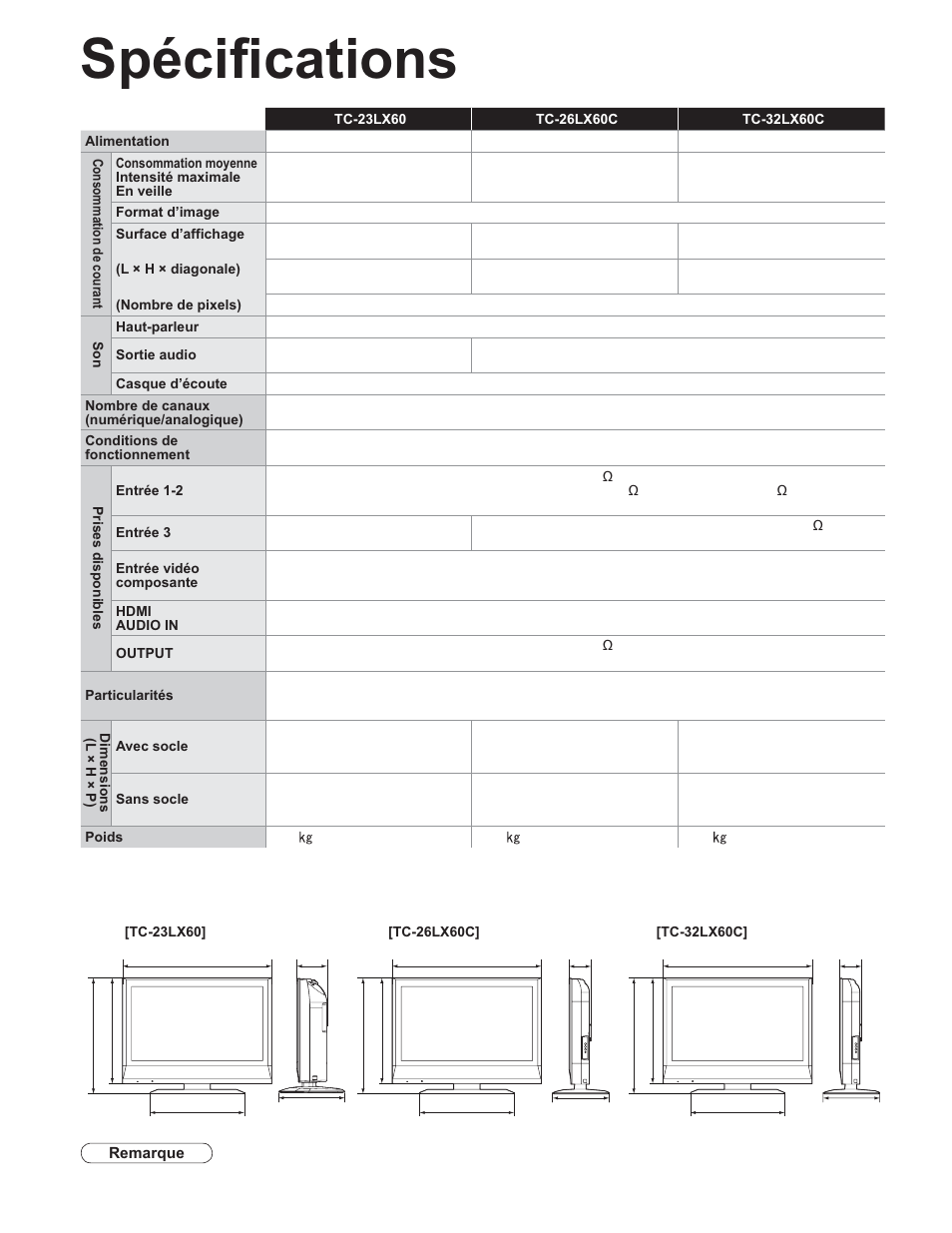 Spécifications | Panasonic TC-32LX60C User Manual | Page 98 / 101