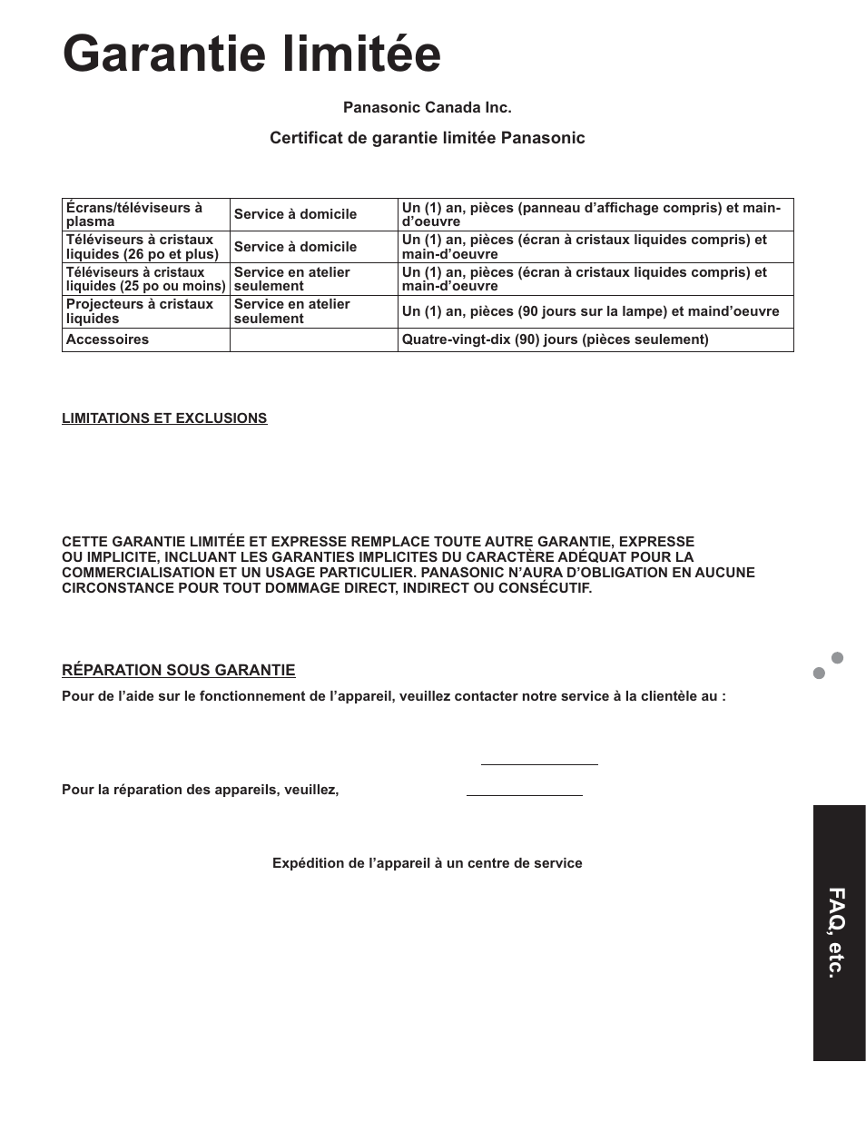 Garantie limitée, Faq, etc | Panasonic TC-32LX60C User Manual | Page 99 / 101