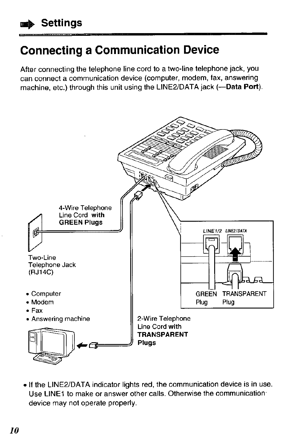 Connecting a communication device, Settings | Panasonic DATA PORT KX-TS27-W User Manual | Page 10 / 40