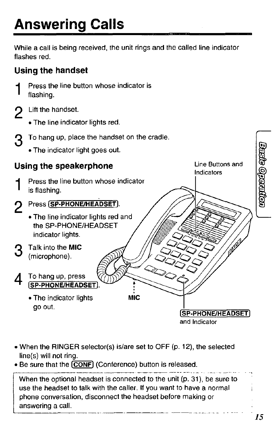 Answering calls, Using the handset, Using the speakerphone | Panasonic DATA PORT KX-TS27-W User Manual | Page 15 / 40