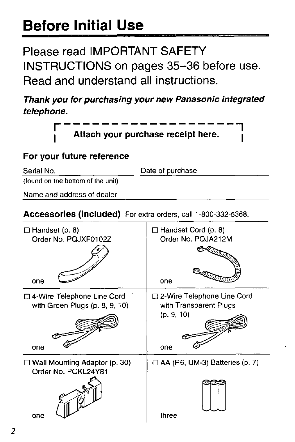 Before initial use | Panasonic DATA PORT KX-TS27-W User Manual | Page 2 / 40