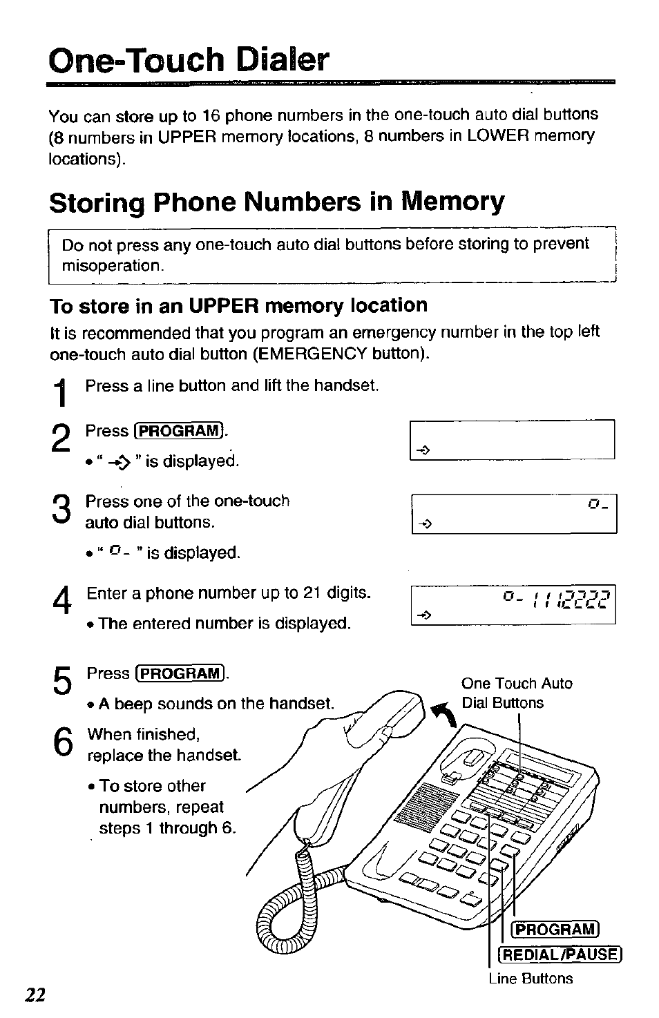 One-touch dialer, To store in an upper memory location | Panasonic DATA PORT KX-TS27-W User Manual | Page 22 / 40