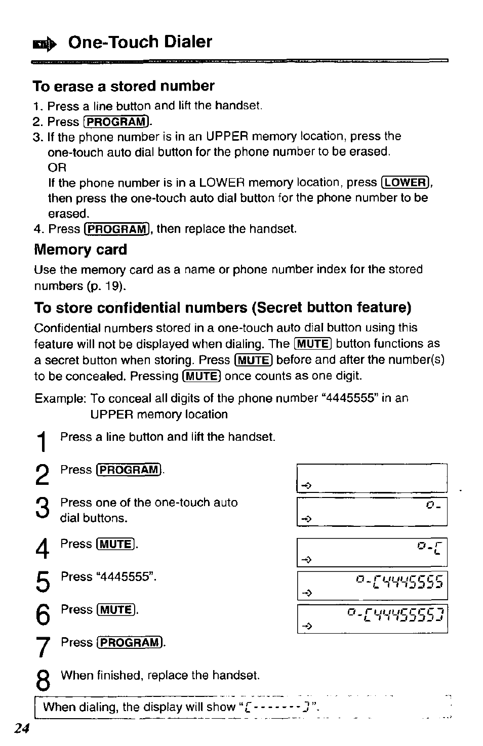 To erase a stored number, Memory card, One-touch dialer | Panasonic DATA PORT KX-TS27-W User Manual | Page 24 / 40