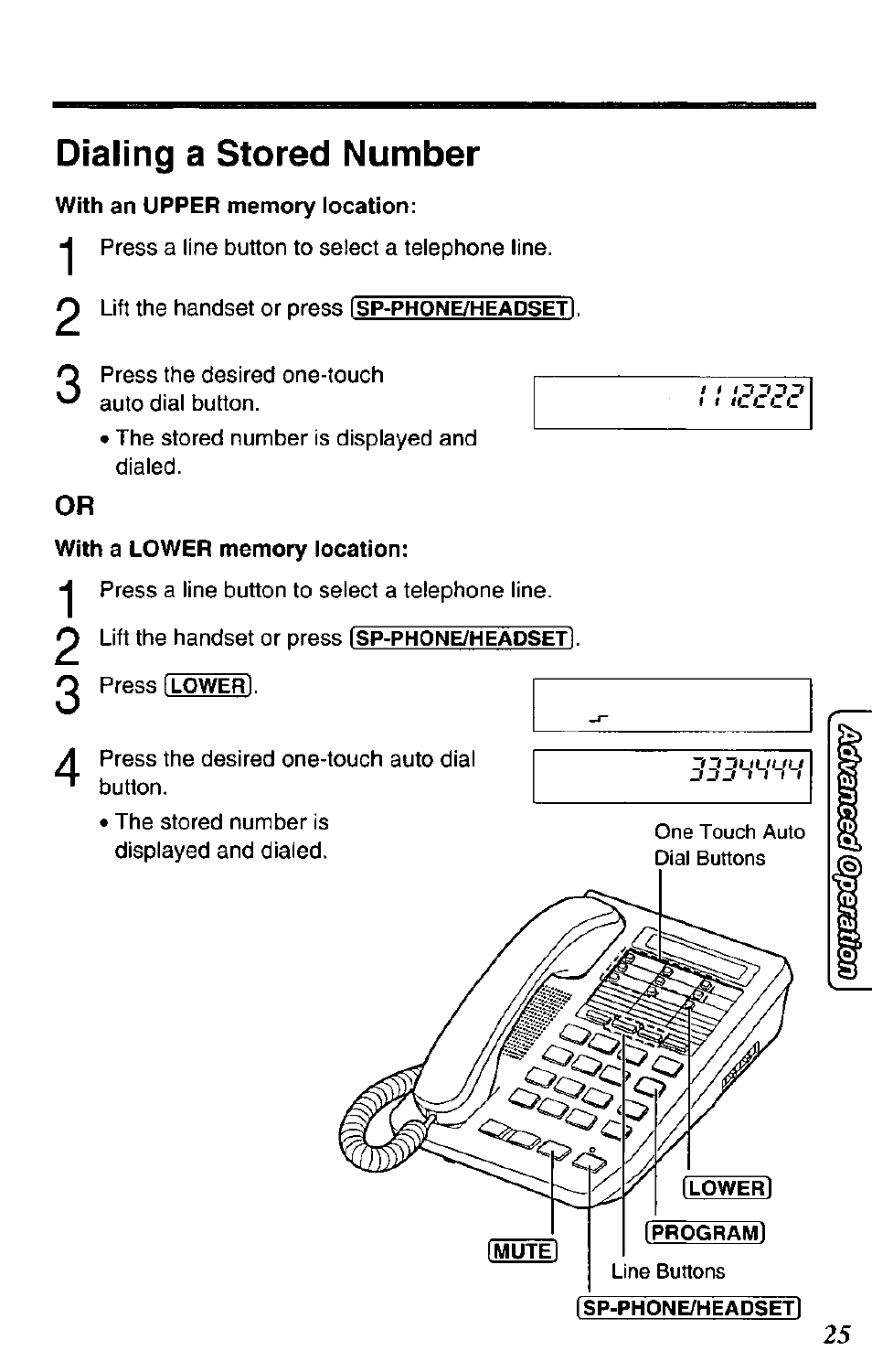 With an upper memory location, Dialing a stored number | Panasonic DATA PORT KX-TS27-W User Manual | Page 25 / 40