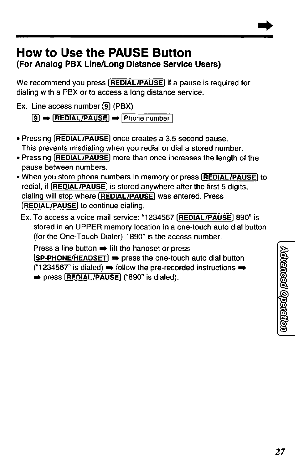 How to use the pause button, For analog pbx line/long distance service users) | Panasonic DATA PORT KX-TS27-W User Manual | Page 27 / 40