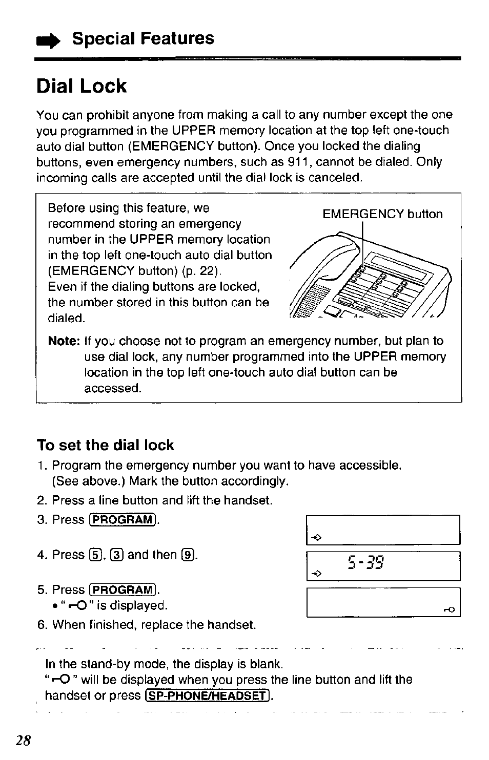 To set the dial lock, Dial lock, Special features | Panasonic DATA PORT KX-TS27-W User Manual | Page 28 / 40