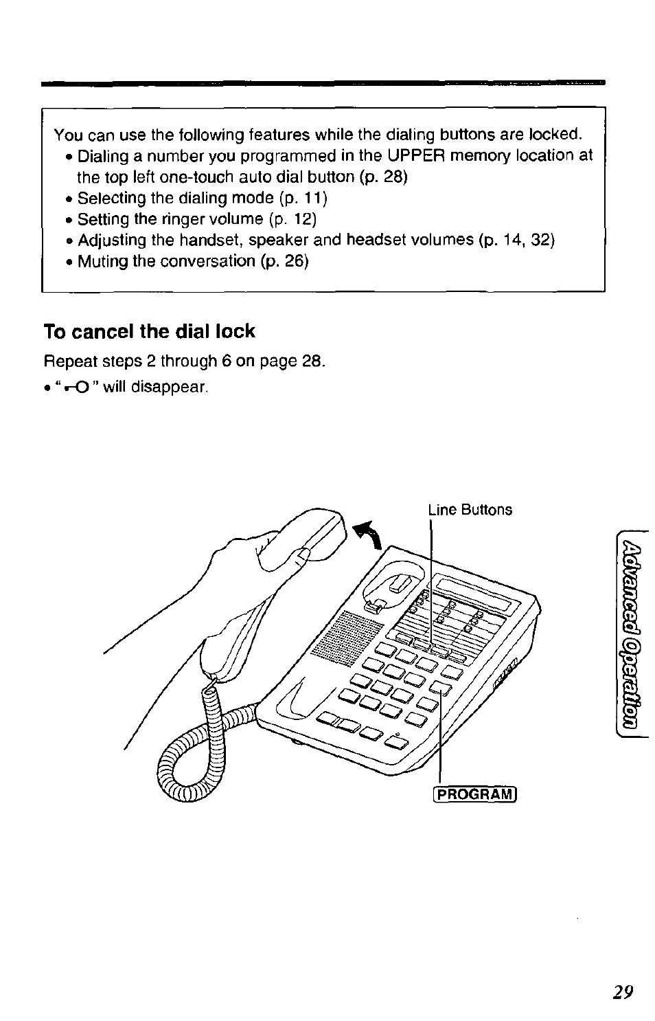 To cancel the dial lock | Panasonic DATA PORT KX-TS27-W User Manual | Page 29 / 40