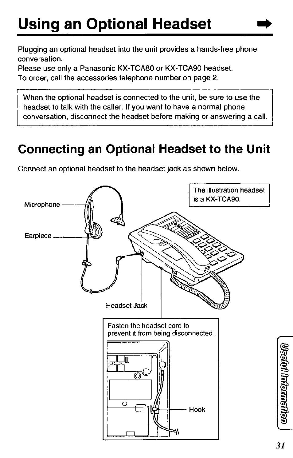 Using an optional headset n, Using an optional headset, Connecting an optional headset to the unit | Panasonic DATA PORT KX-TS27-W User Manual | Page 31 / 40