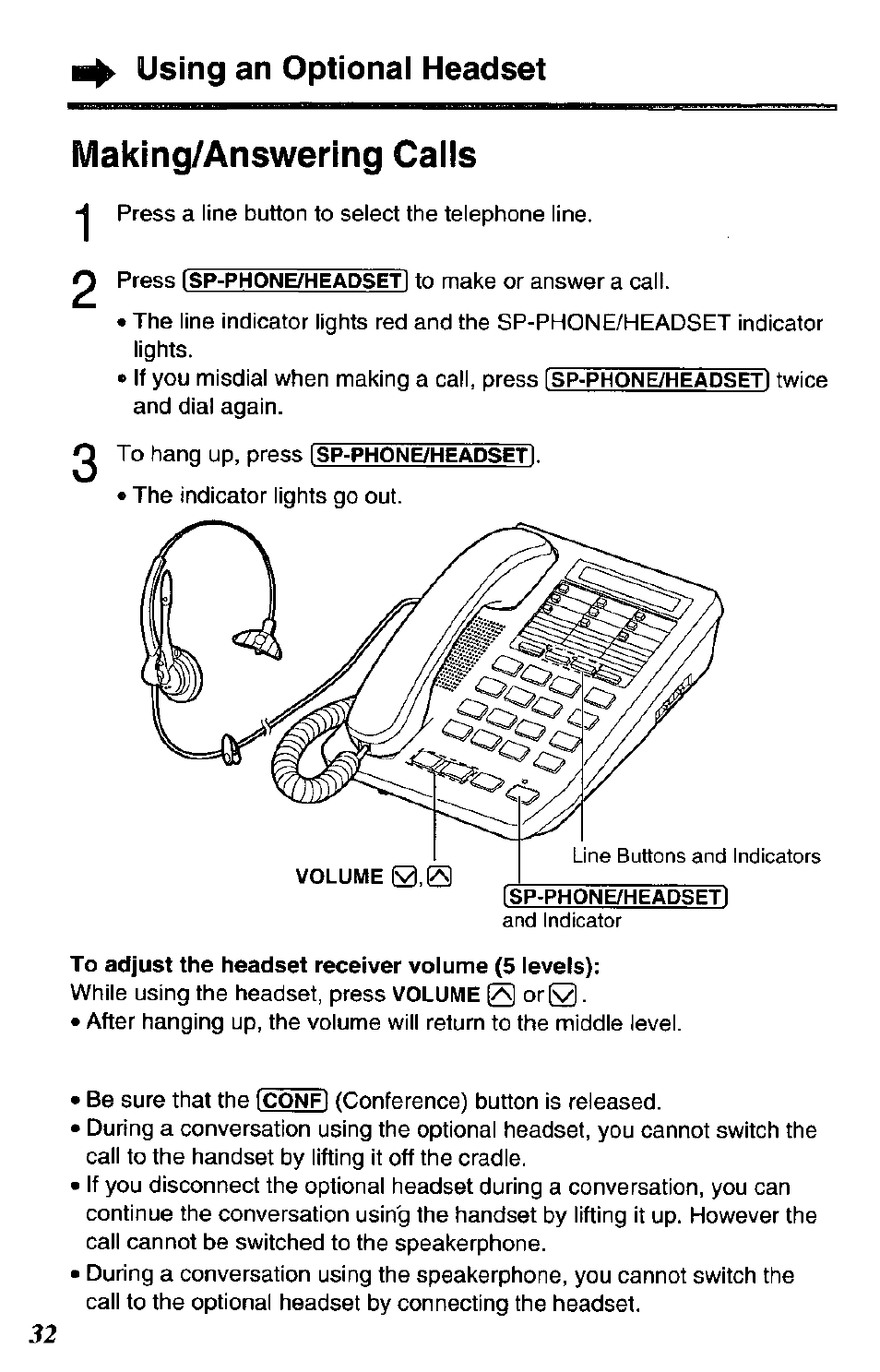 To adjust the headset receiver volume (5 levels), Making/answering calls, Using an optional headset | Panasonic DATA PORT KX-TS27-W User Manual | Page 32 / 40