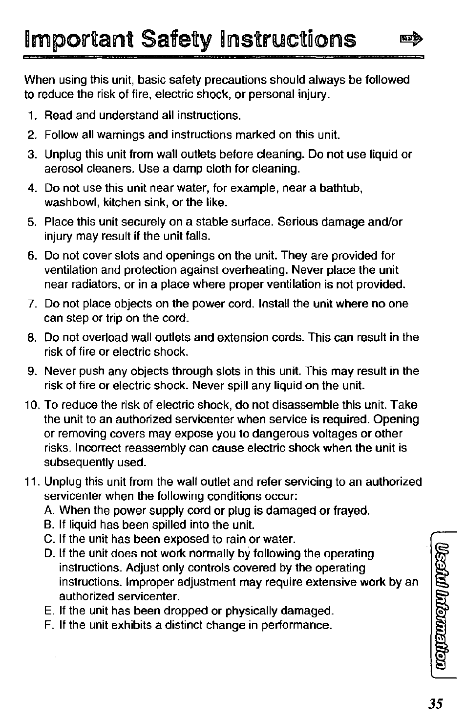 Important safety instroctions | Panasonic DATA PORT KX-TS27-W User Manual | Page 35 / 40