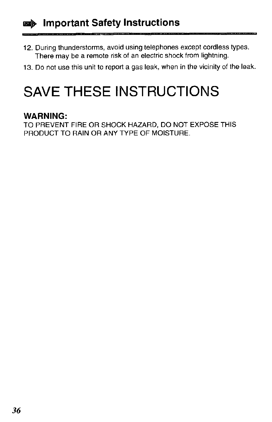 Warning, Save these instructions, Bs^ important safety instructions | Panasonic DATA PORT KX-TS27-W User Manual | Page 36 / 40