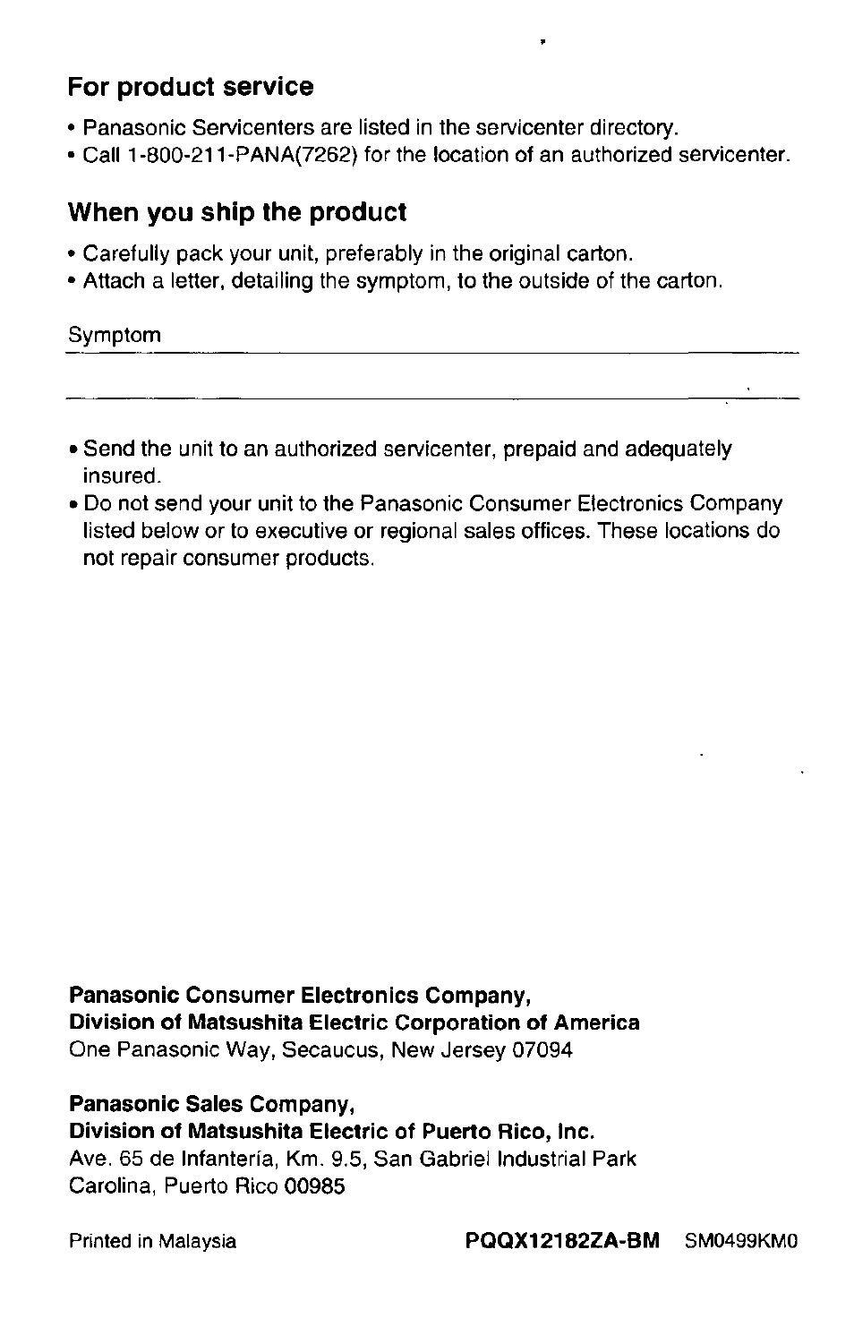 For product service, When you ship the product, Panasonic consumer electronics company | Panasonic sales company | Panasonic DATA PORT KX-TS27-W User Manual | Page 40 / 40