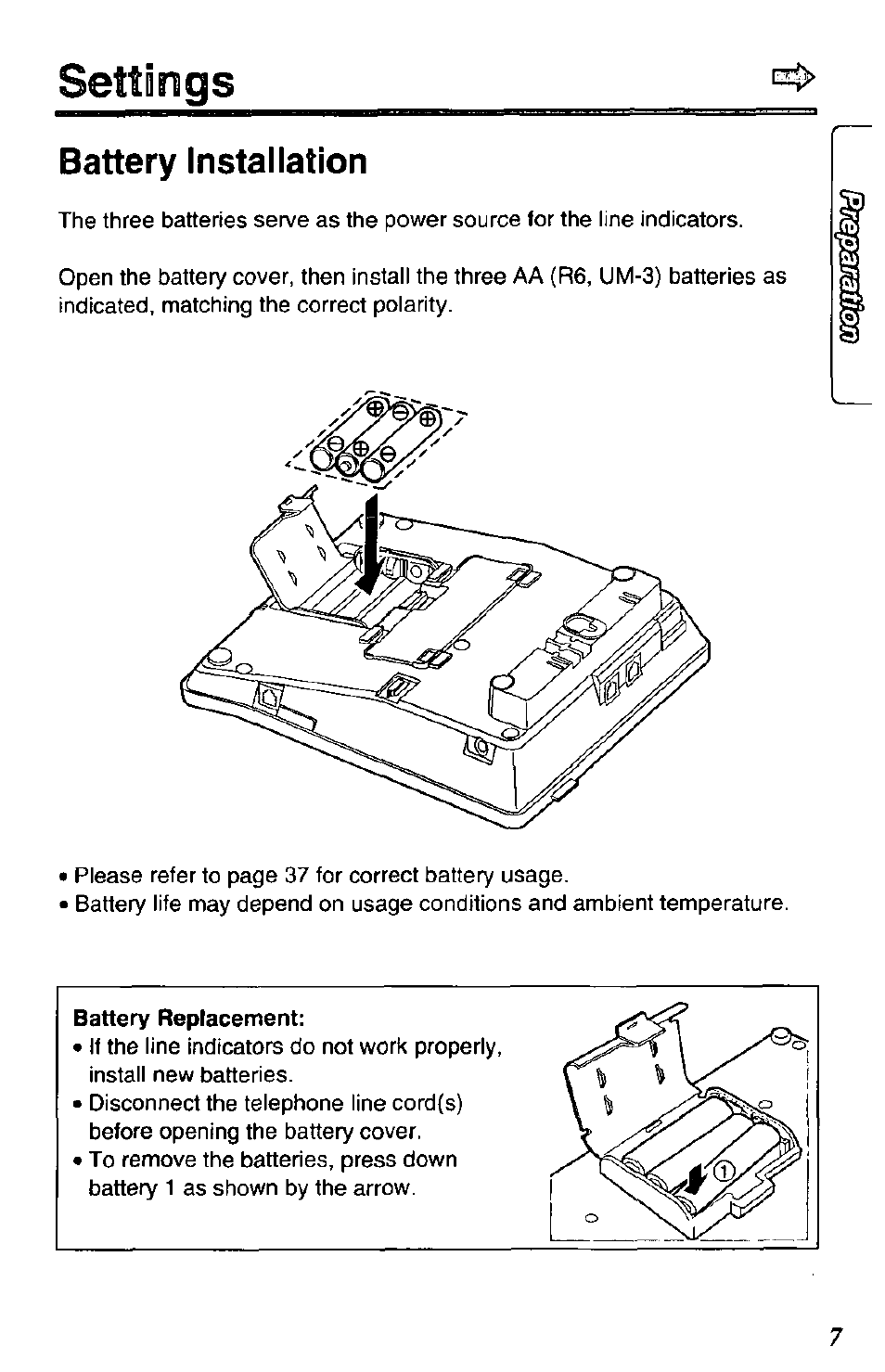 Settings, Battery installation | Panasonic DATA PORT KX-TS27-W User Manual | Page 7 / 40