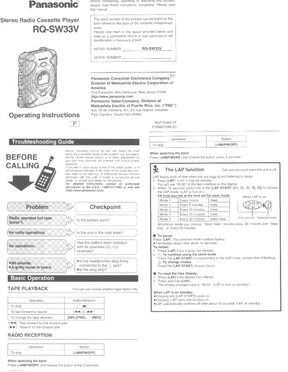 Panasonic RQ-SW33V User Manual | 6 pages